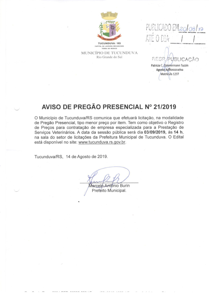 AVISO DE LICITAÇÃO - PREGÃO PRESENCIAL Nº 21/2019